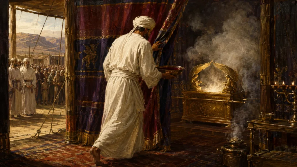 The high priest enters alone through the tabernacle veil carrying sacrificial blood