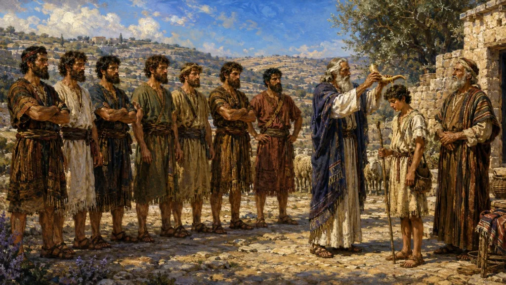Samuel anoints young David while his seven older brothers and Jesse watch