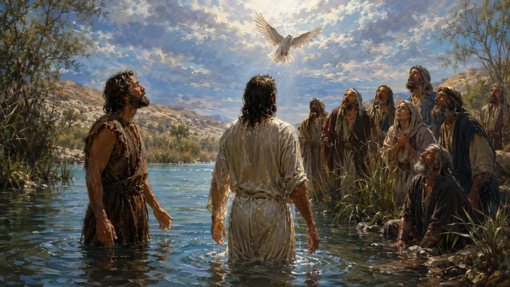 Jesus stands in the Jordan as the Spirit descends like a dove and witnesses hear the Father