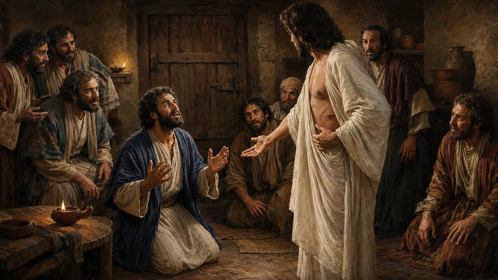 Thomas Confesses the Risen Jesus as Lord and God Thomas kneels before the bodily risen Jesus and sees His healed hand and side wounds