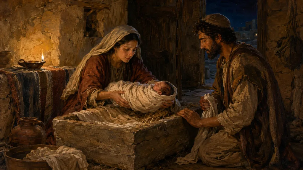 Mary lays the swaddled newborn Jesus in a stone manger while Joseph watches