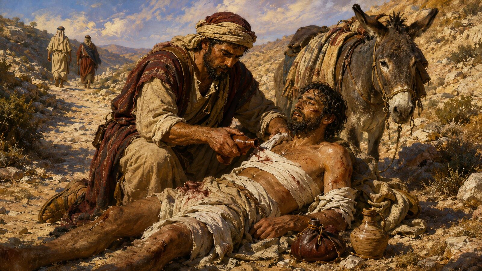 The Good Samaritan tending a wounded traveler as a picture of true biblical love