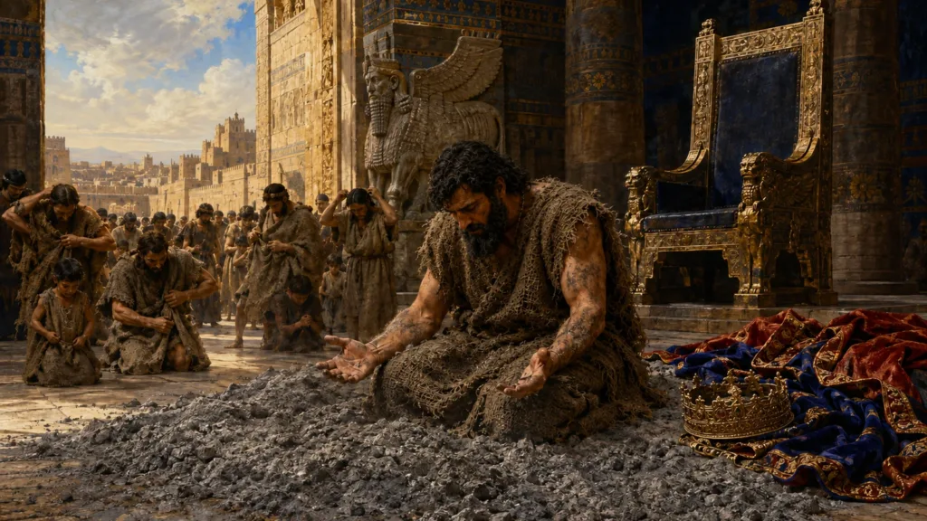 The king of Nineveh in sackcloth and ashes after leaving his throne