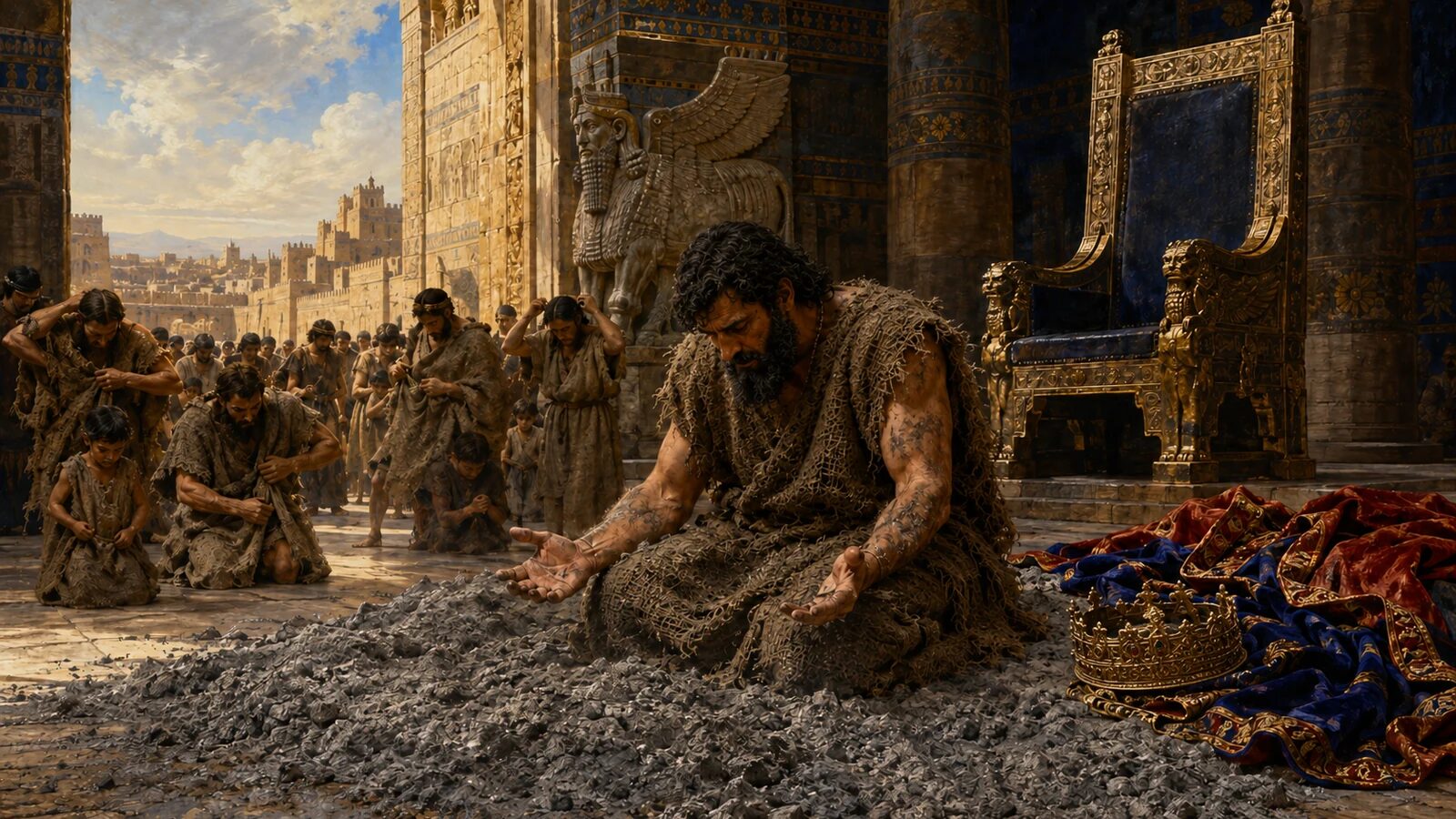 Sackcloth and Ashes – Nineveh Humbles Itself The king of Nineveh in sackcloth and ashes after leaving his throne