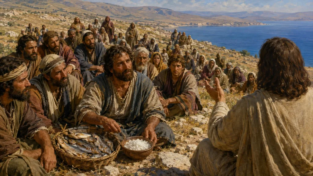 Disciples hear the salt of the earth teaching beside a bowl of salt and a fishermans catch