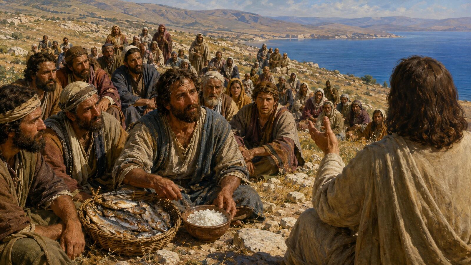 Salt of the Earth – The Sermon on the Mount Disciples hear the salt of the earth teaching beside a bowl of salt and a fishermans catch