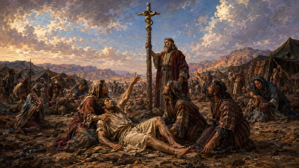 The bronze serpent lifted in the wilderness as bitten Israelites look and live