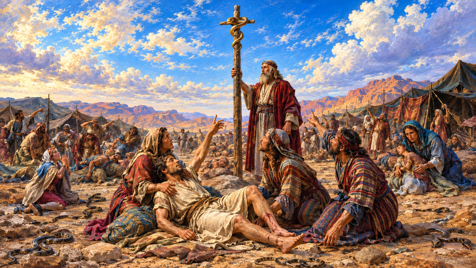 Vibrant classical oil painting of Moses lifting the bronze serpent as afflicted Israelites look toward it in the wilderness.