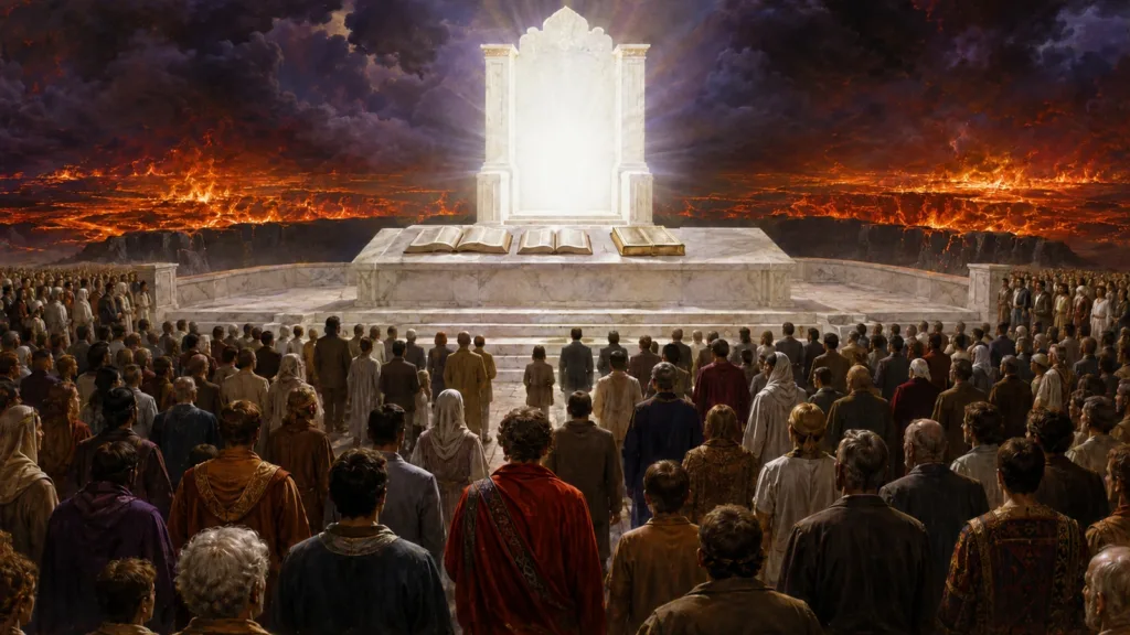 The dead stand before the Great White Throne with opened books and the lake of fire beyond