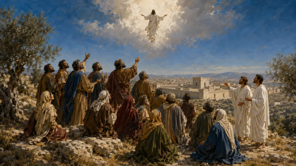 The risen Jesus ascends above His followers as they give Him their undivided allegiance