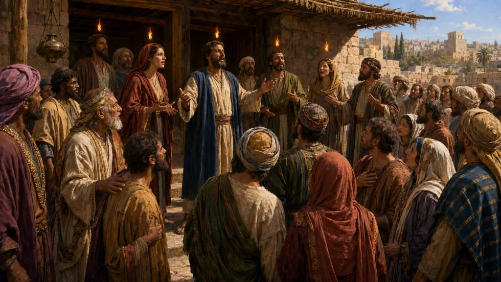 At Pentecost the early church proclaims Gods works to pilgrims from many nations