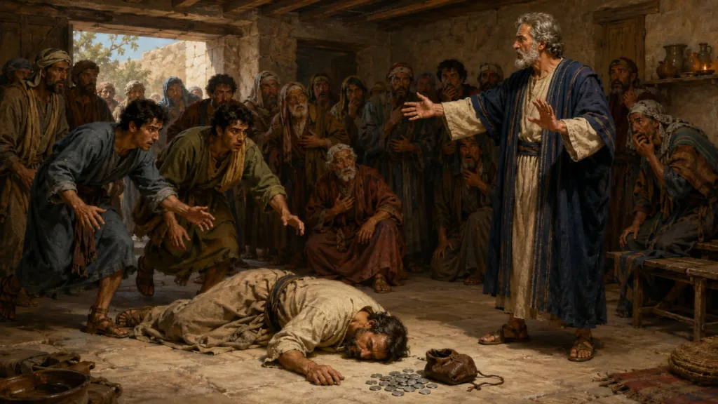 Ananias falls after Peter exposes his deceptive gift before the early church