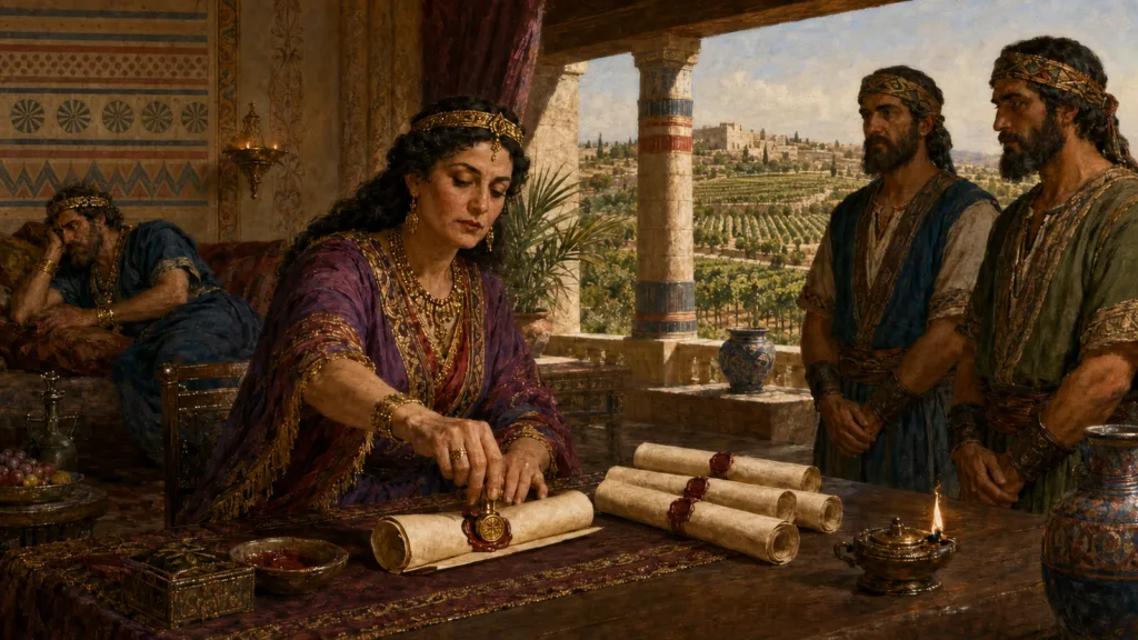 Jezebel seals royal orders against Naboth while Ahab covets his vineyard