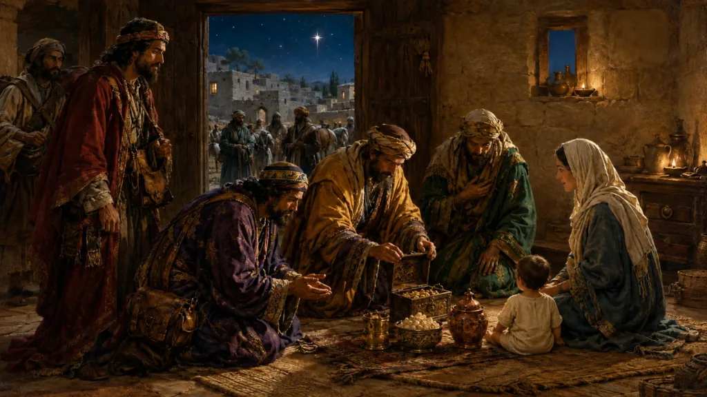 Uncrowned Magi worship the young Jesus inside a Bethlehem house