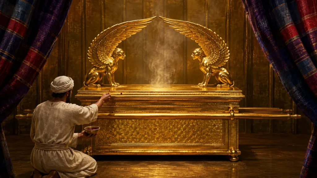 The high priest approaches the Ark and mercy seat on the Day of Atonement