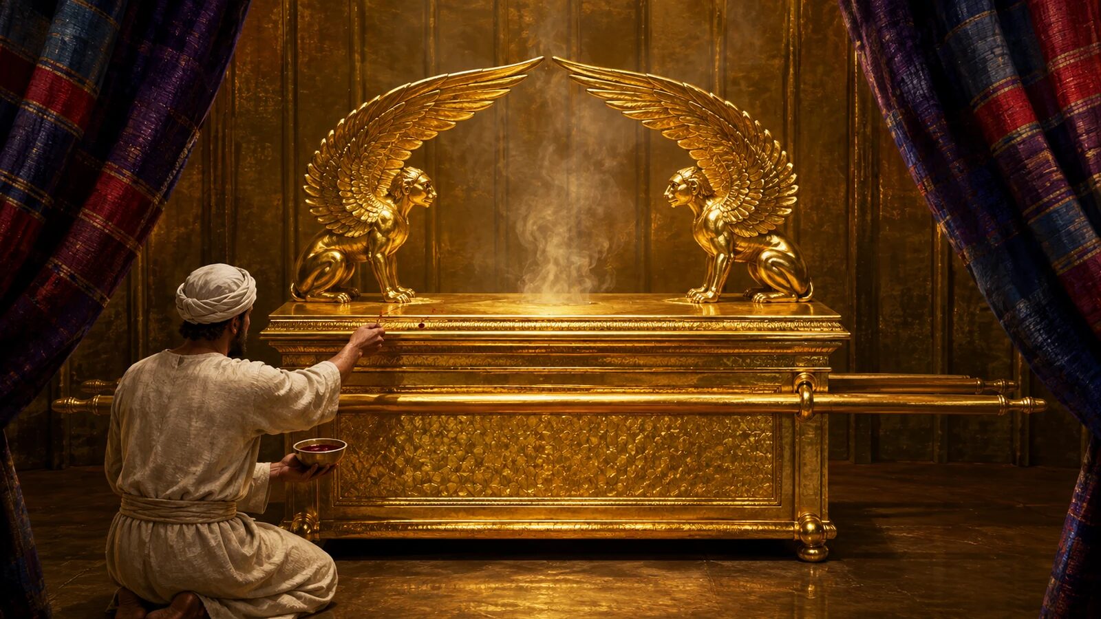The high priest approaches the Ark and mercy seat on the Day of Atonement