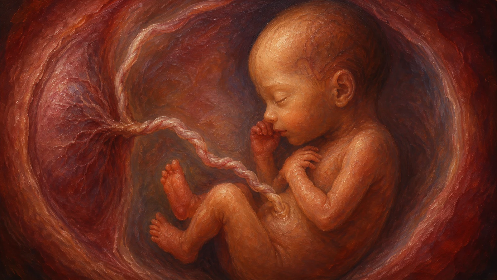 A living unborn child rests within the womb in a classical oil painting