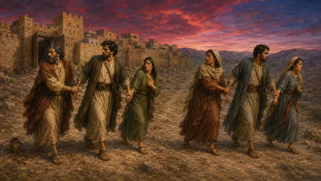 Two angels lead lingering Lot and his family away from Sodom