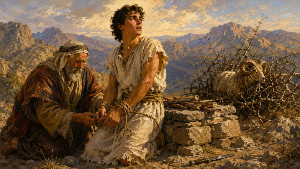 Isaac alive on Moriah as Abraham unties him beside the provided ram