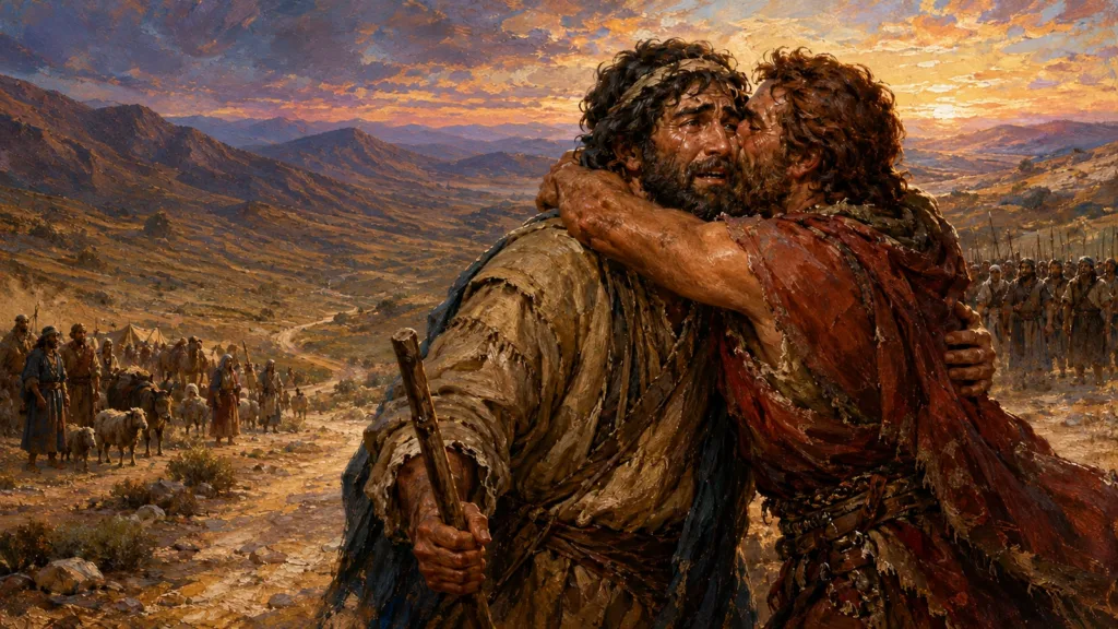 Esau embraces the humbled Jacob as their families and men watch from a distance