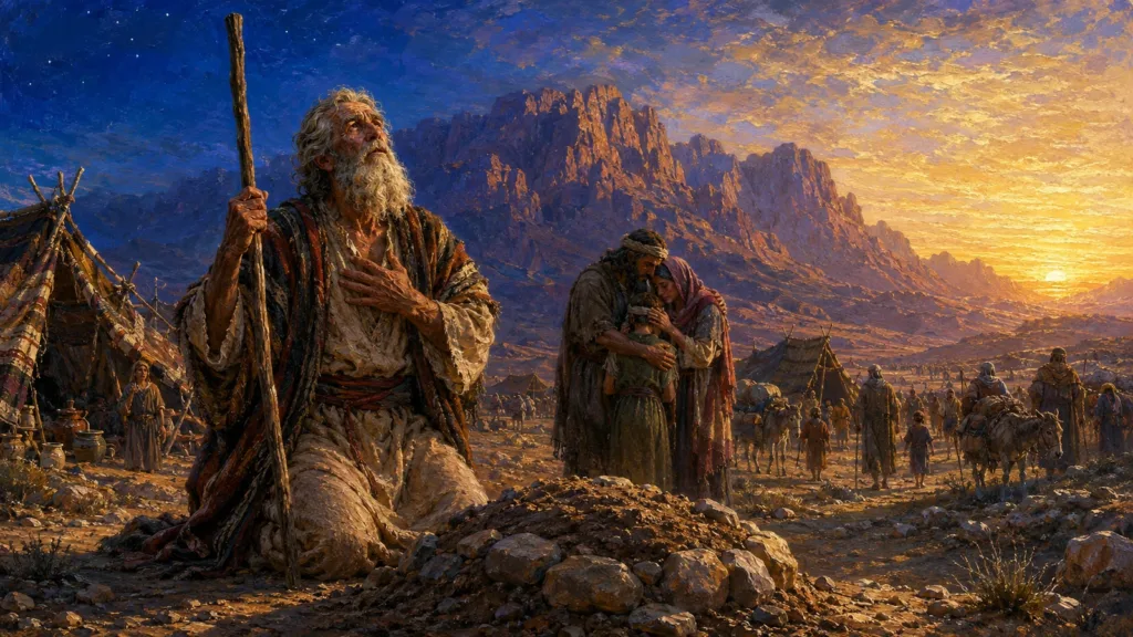 Moses prays beside a wilderness grave as generations continue beneath the mountains