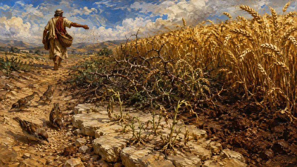 A first-century sower casts seed across the hard, rocky, thorny, and good soils