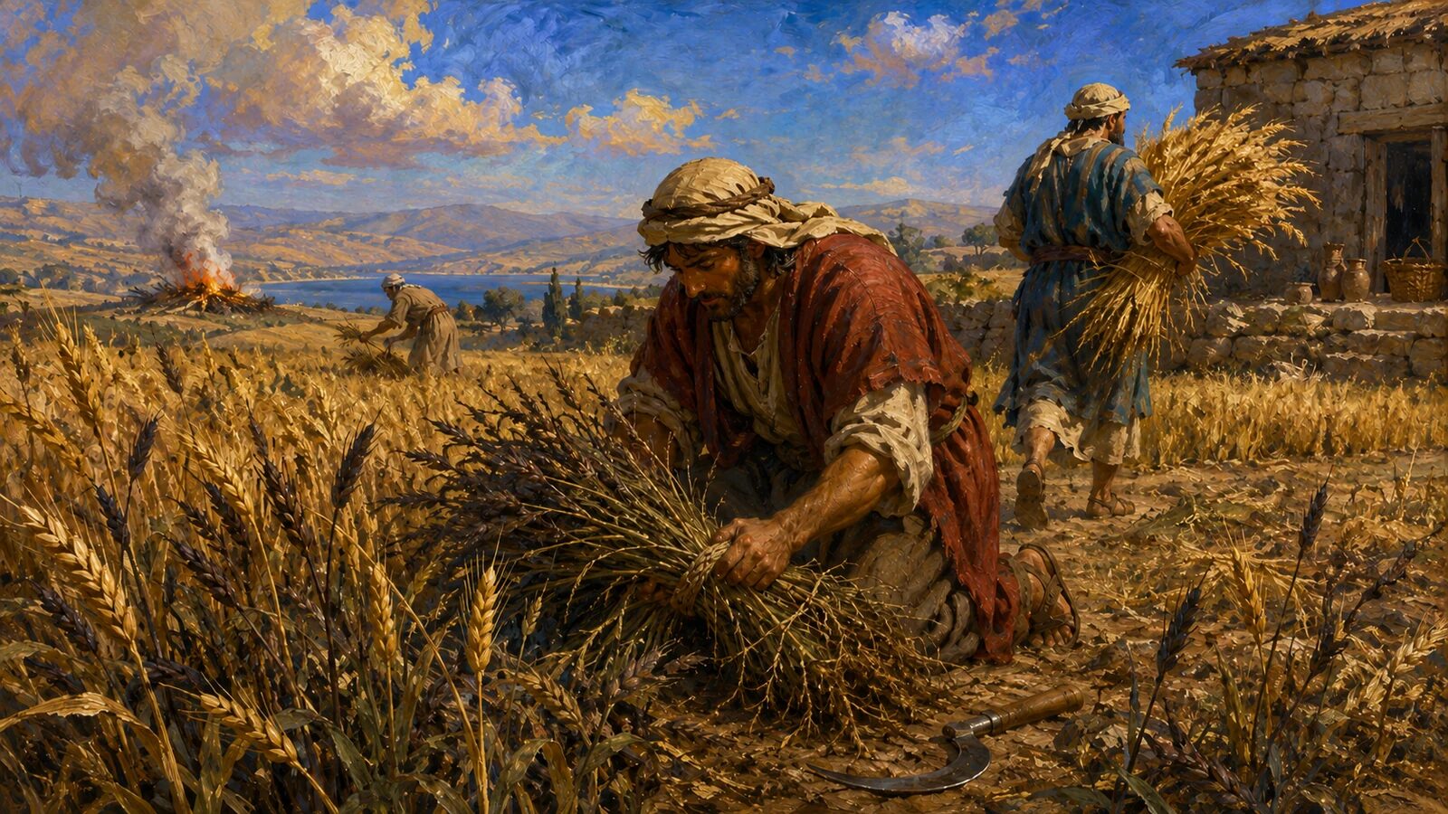The Weeds Separated at Harvest Reapers separate dark darnel from golden wheat at the appointed harvest