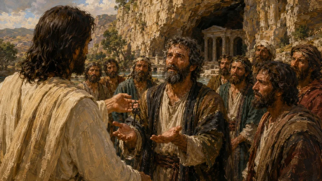 Jesus entrusts plain steward keys to Peter after his confession at Caesarea Philippi