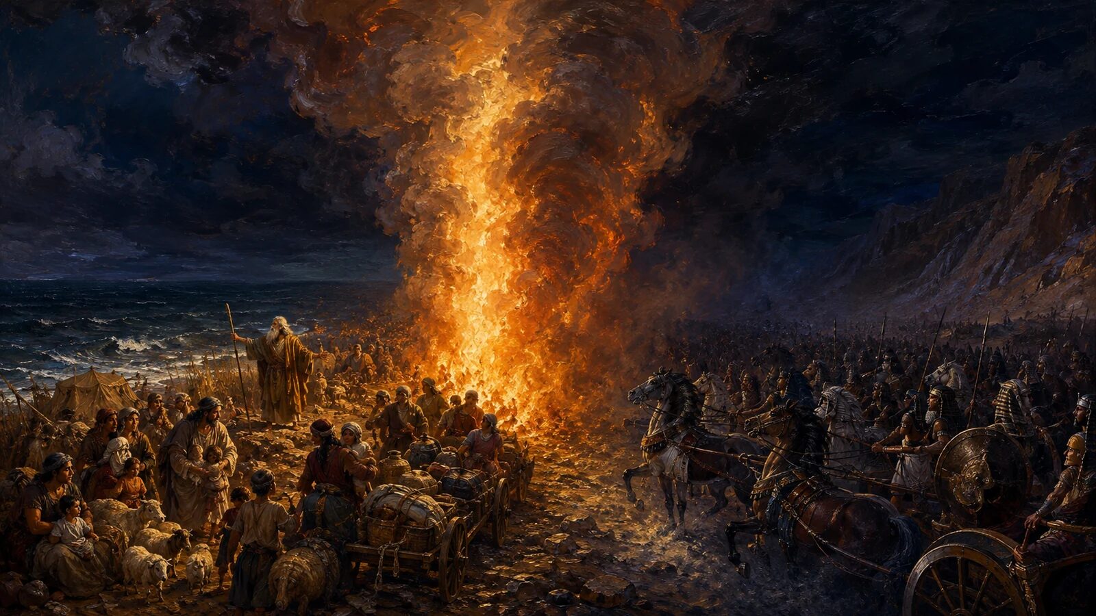 The pillar of cloud and fire protects Israel from Pharaohs chariots beside the Red Sea