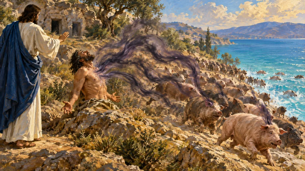 Vibrant classical oil painting of demons represented by dark spirit forms leaving a man and entering pigs as Jesus stands nearby and the herd rushes toward the lake.