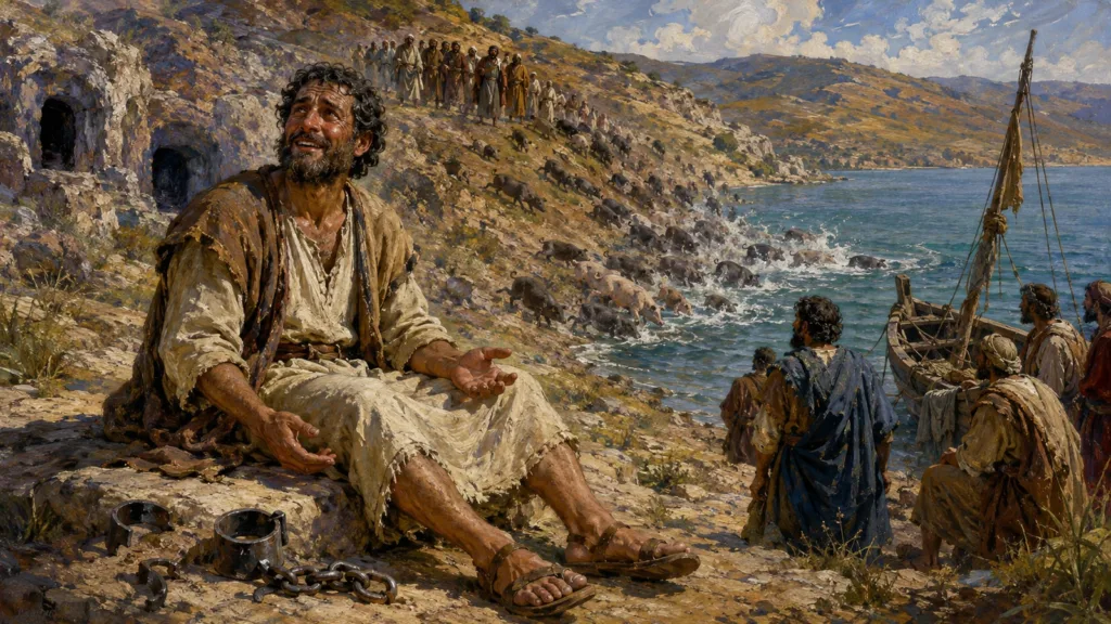 The restored Gerasene man sits clothed beside broken shackles as the swine rush into the lake