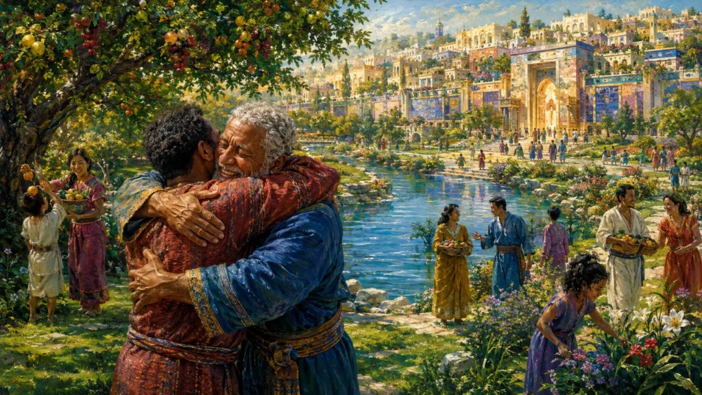Resurrected people reunite beside the river and tree of life near New Jerusalem