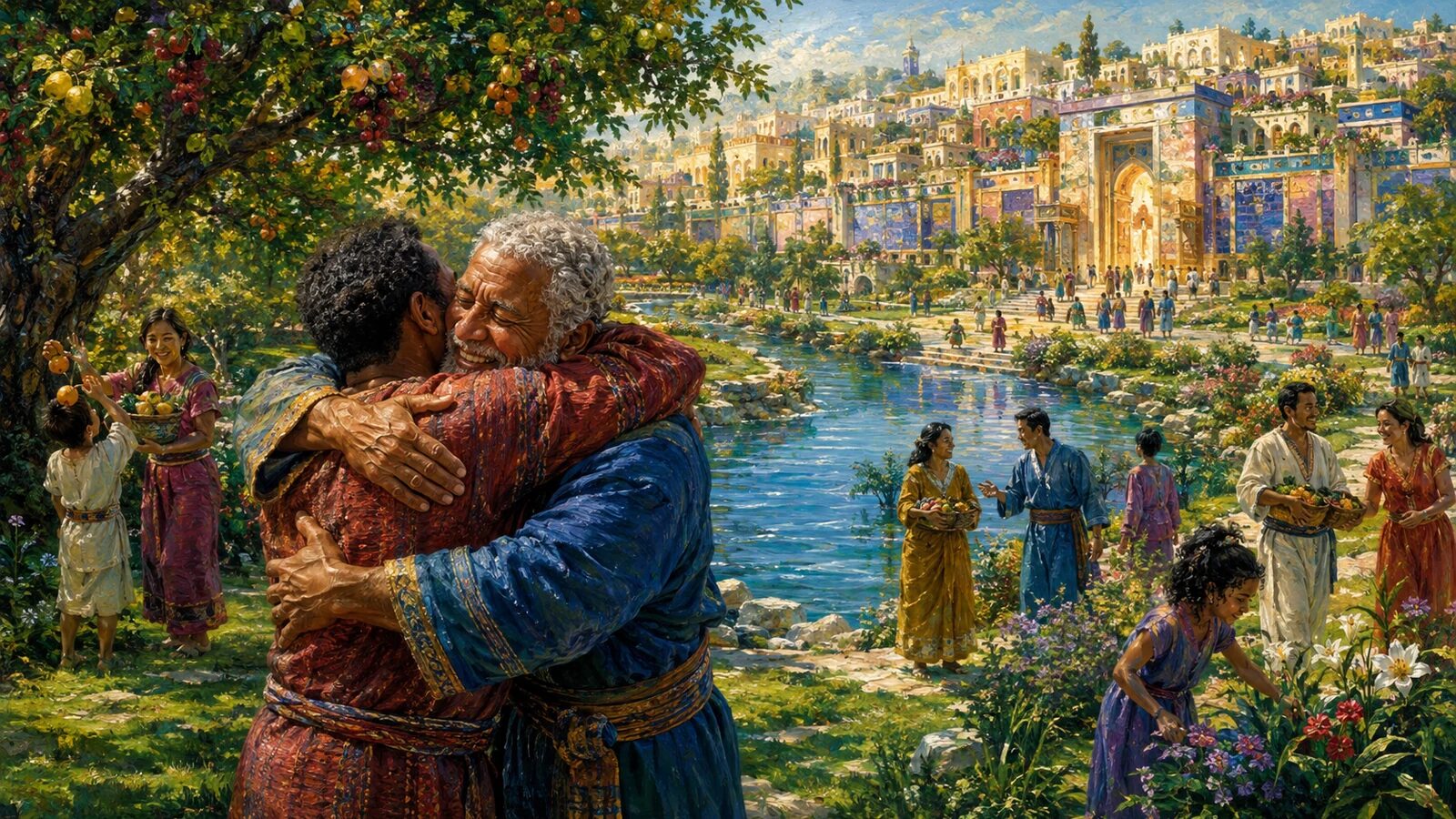Resurrected people reunite beside the river and tree of life near New Jerusalem
