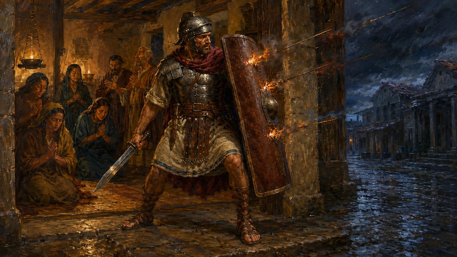 A first-century believer stands firm in the whole armor of God while fiery darts strike his shield and the church prays behind him