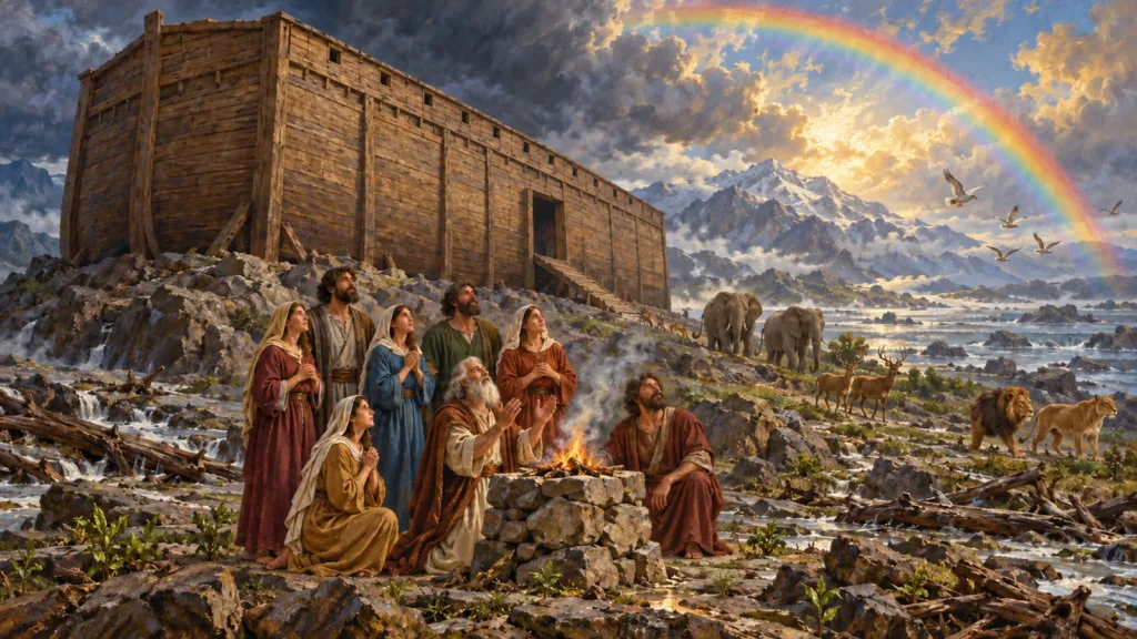 Noah and seven family members worship beside the immense ark as animals disperse and a rainbow spans the flood-scarred earth