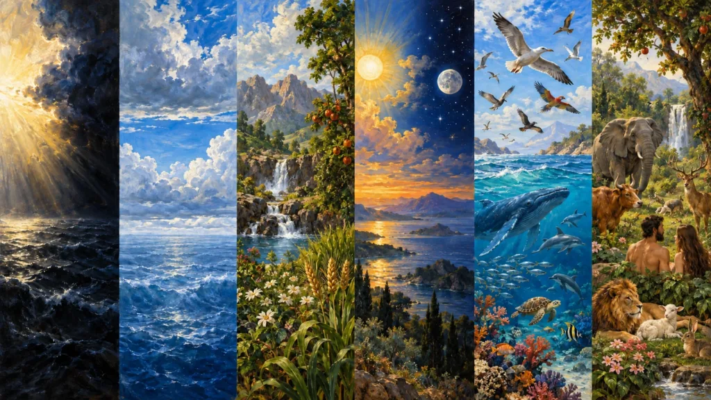 Six painted scenes show the biblical creation sequence from light and waters to plants, heavenly lights, creatures, Adam and Eve