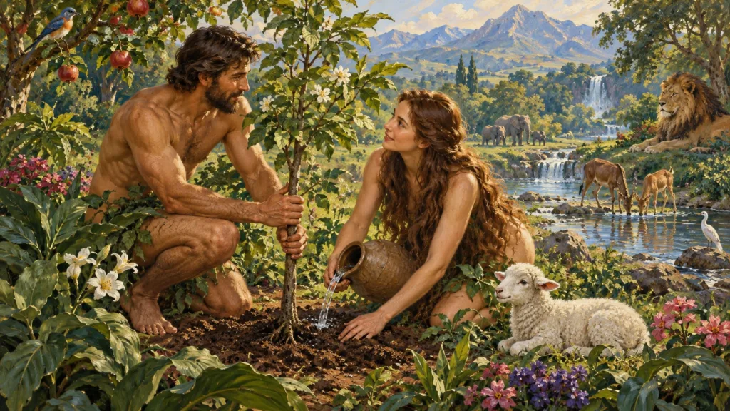 Adam and Eve work together tending a young fruit tree among peaceful animals in the unfallen Garden of Eden