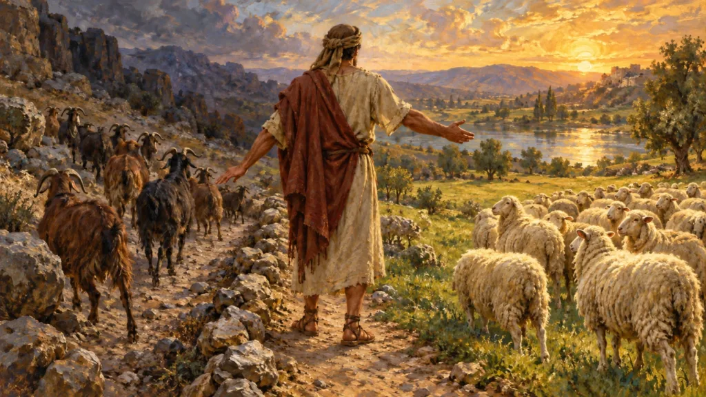 An ancient shepherd separates sheep to his right hand and goats to his left hand in the familiar scene from Matthew 25
