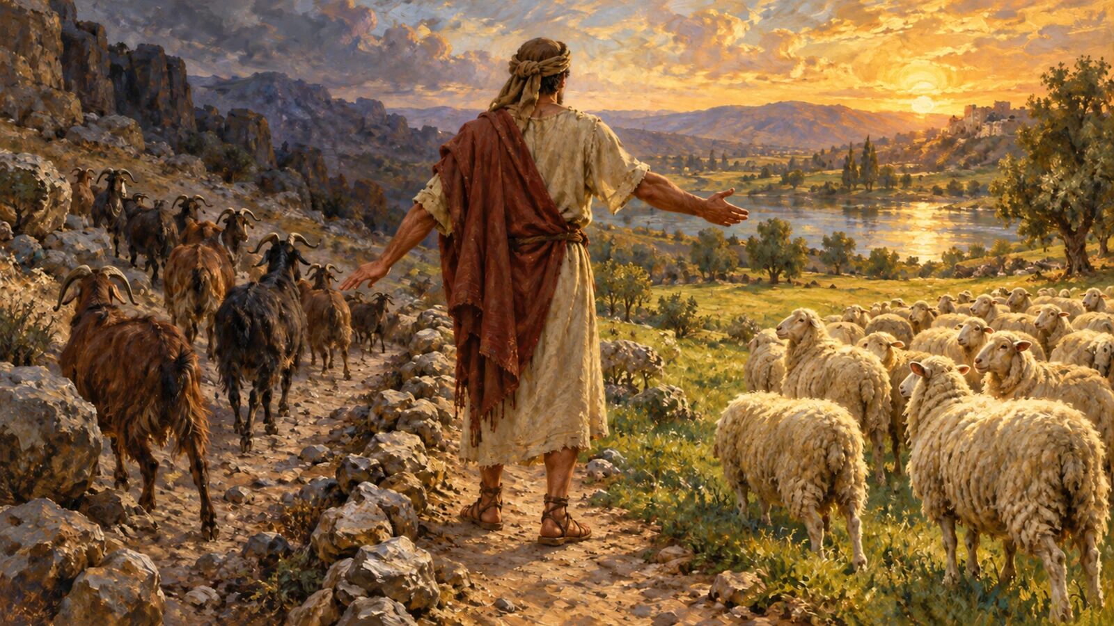 Featured oil painting – Right Hand and Left Hand An ancient shepherd separates sheep to his right hand and goats to his left hand in the familiar scene from Matthew 25
