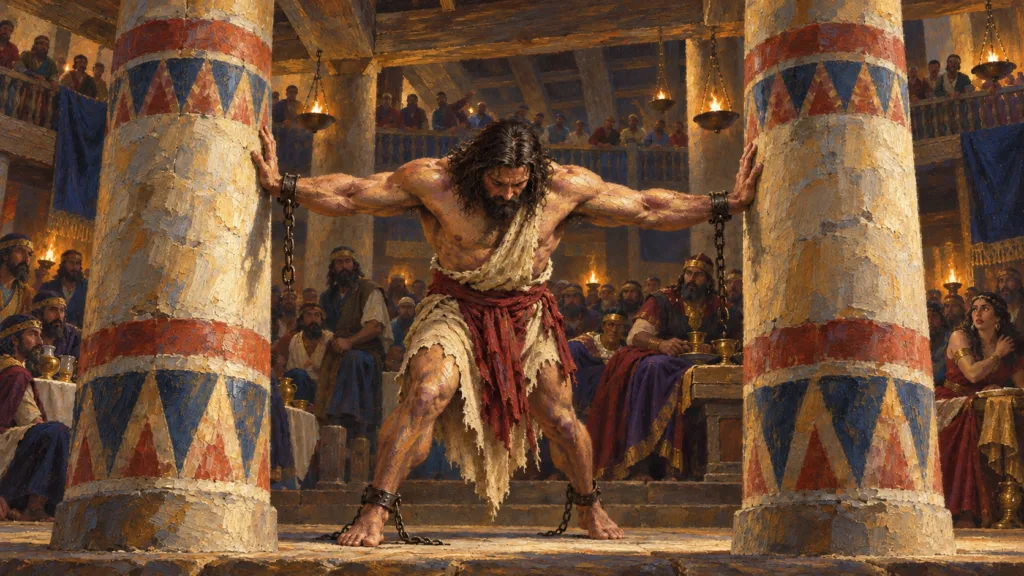 Classical oil painting of blinded Samson praying with his hands braced against two temple pillars.