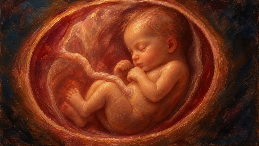 A richly painted unborn baby rests safely within the womb