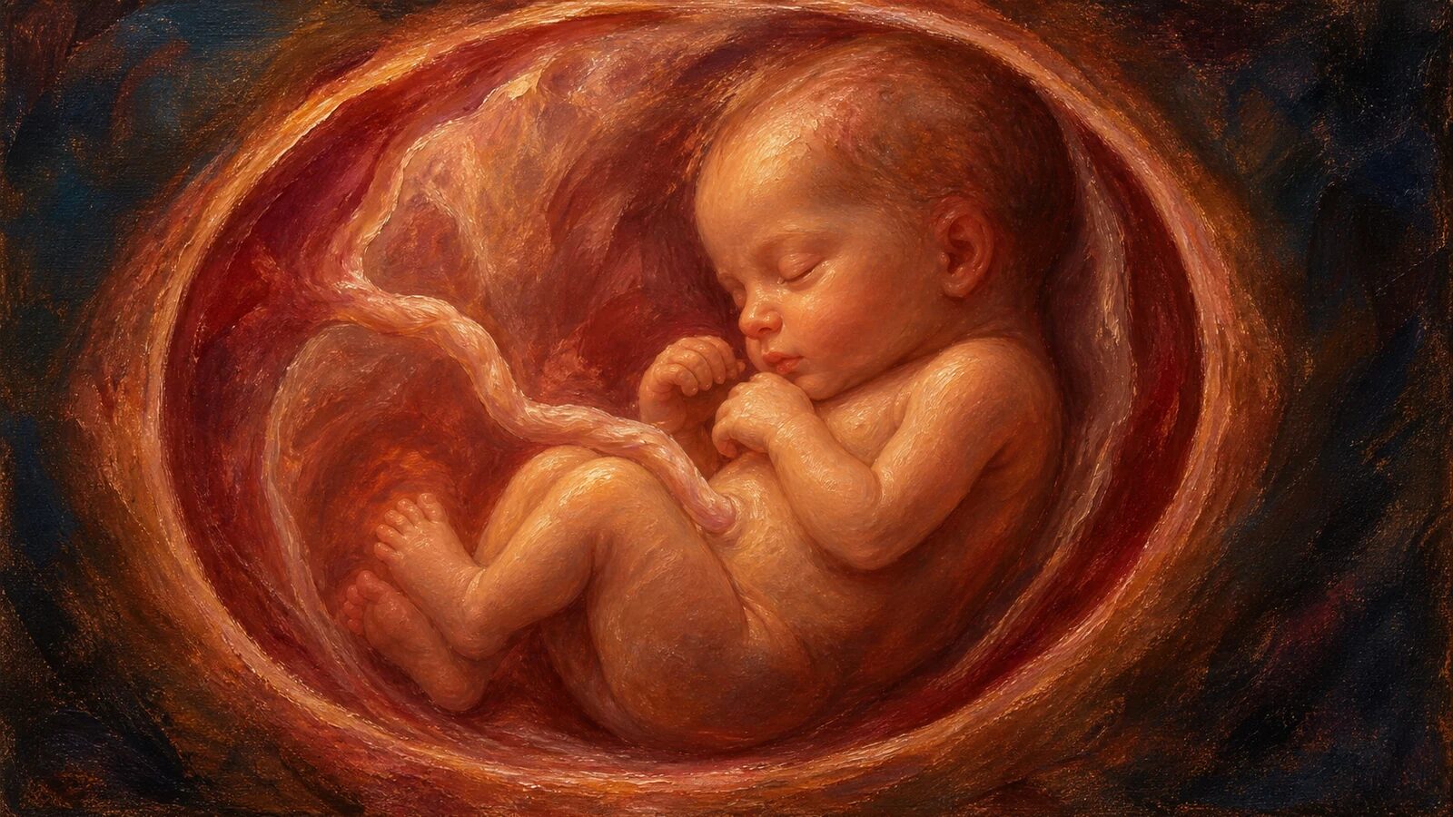 Featured oil painting – Biblical Examination of IVF A richly painted unborn baby rests safely within the womb
