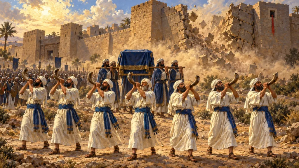 Seven priests blow seven ram horn trumpets before the covered Ark as the walls of Jericho begin to fall
