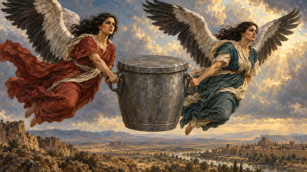 Classical oil painting of two women with stork-like wings carrying a lead ephah sealed with a heavy lead lid above an ancient landscape.