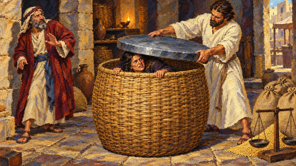 Classical oil painting of Zechariah watching an angel cover the woman in the ephah with a lead disc.