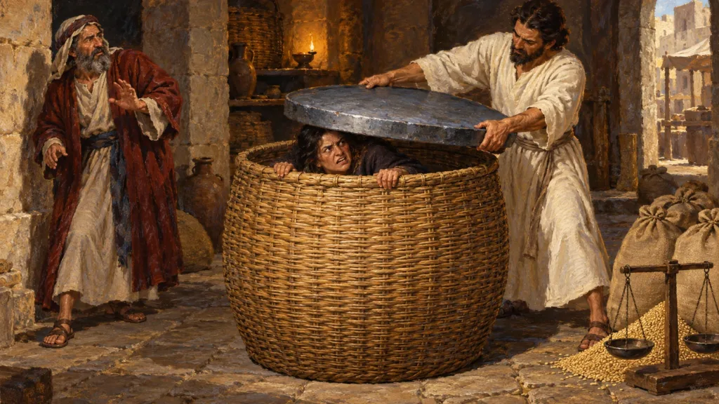 Zechariah watches as the interpreting messenger seals the woman named Wickedness inside a large woven ephah with a heavy lead lid