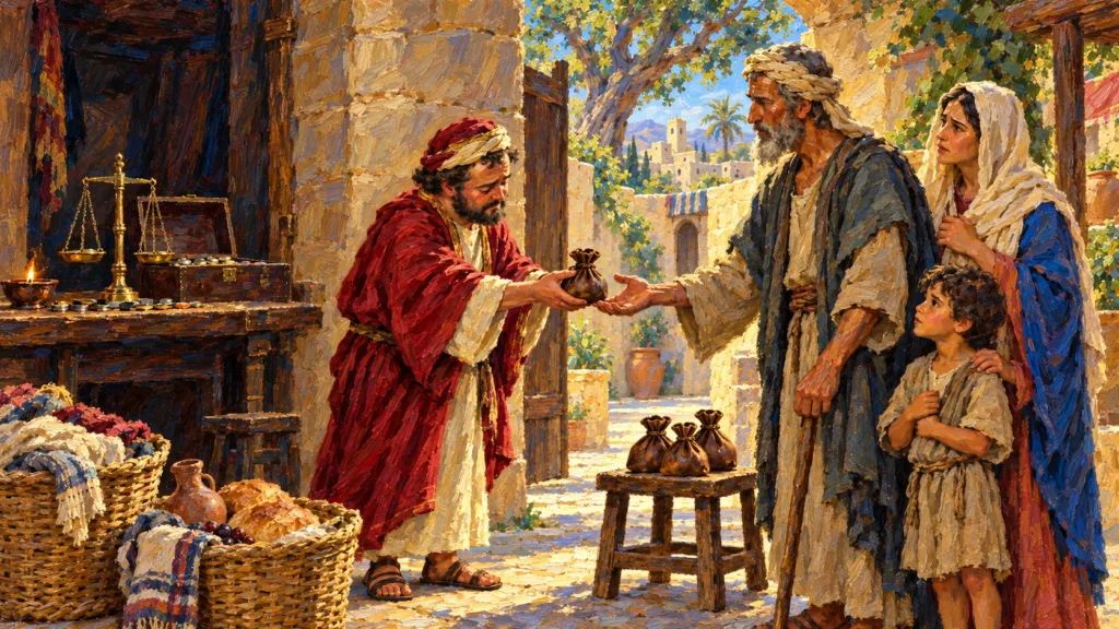 Classical oil painting illustrating repentance through Zacchaeus returning money to a poor family.