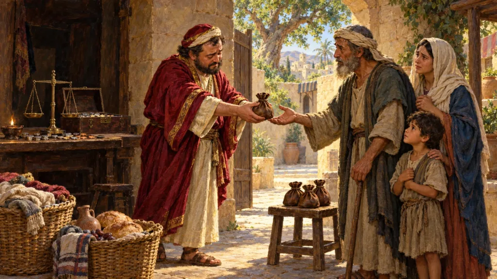 Zacchaeus turns from his tax table to return four purses to a family he defrauded as fruit of genuine repentance