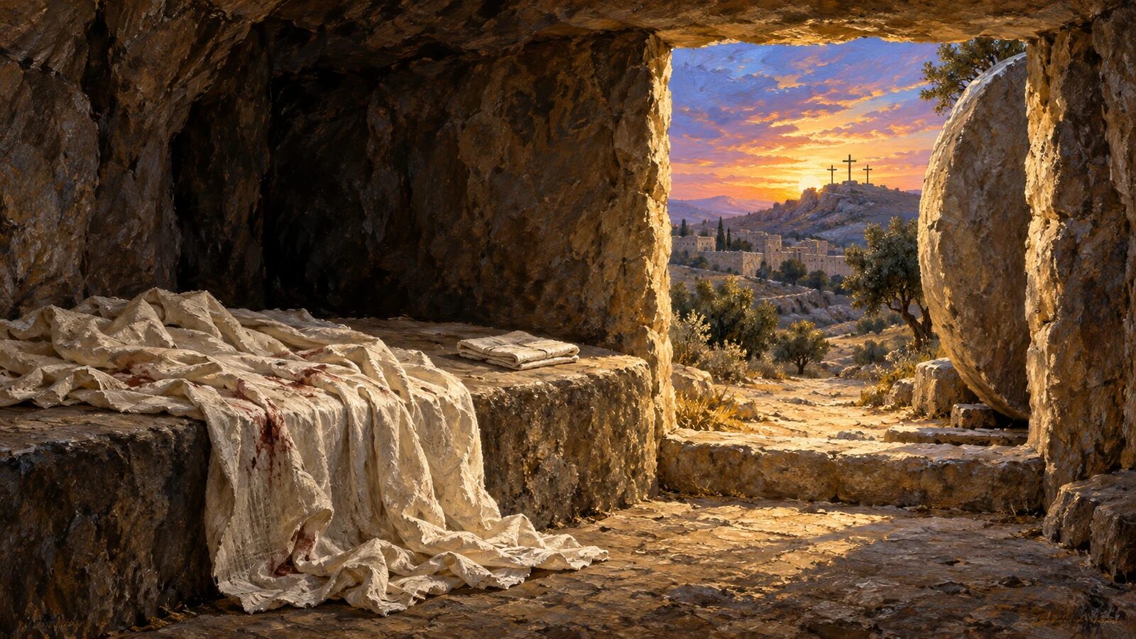 Featured oil painting – The Gospel The empty tomb holds collapsed burial linen and a folded head cloth while three empty crosses stand on distant Golgotha at dawn