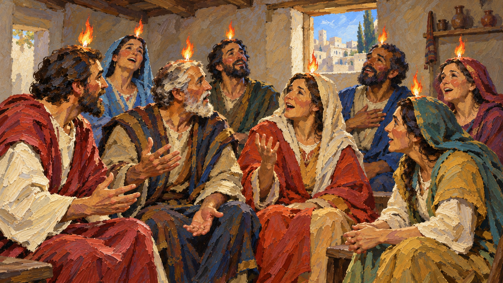 The Holy Spirit at Pentecost – classical oil painting Classical oil painting of seated believers at Pentecost with tongues like fire resting above their heads.